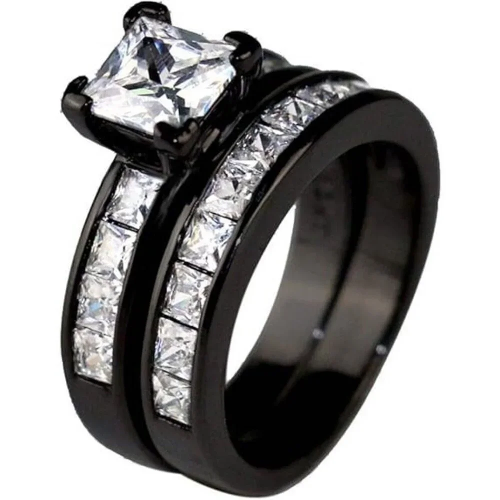 Princess Cut 6MM Black Tungsten Engagement Wedding Ring set